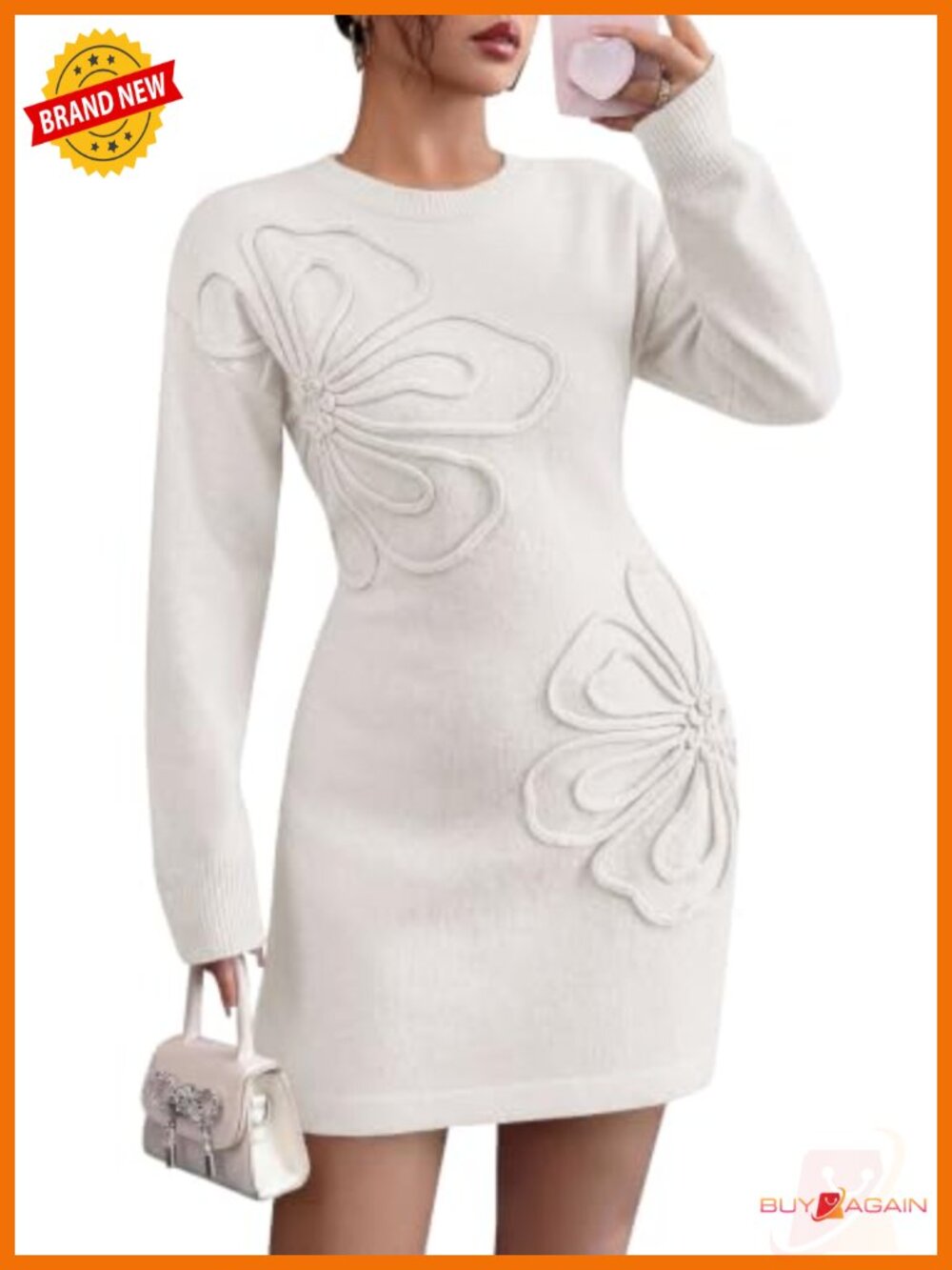 PRETTYGARDEN Embroidered Long Sleeve Bodycon Mini Sweater Dress